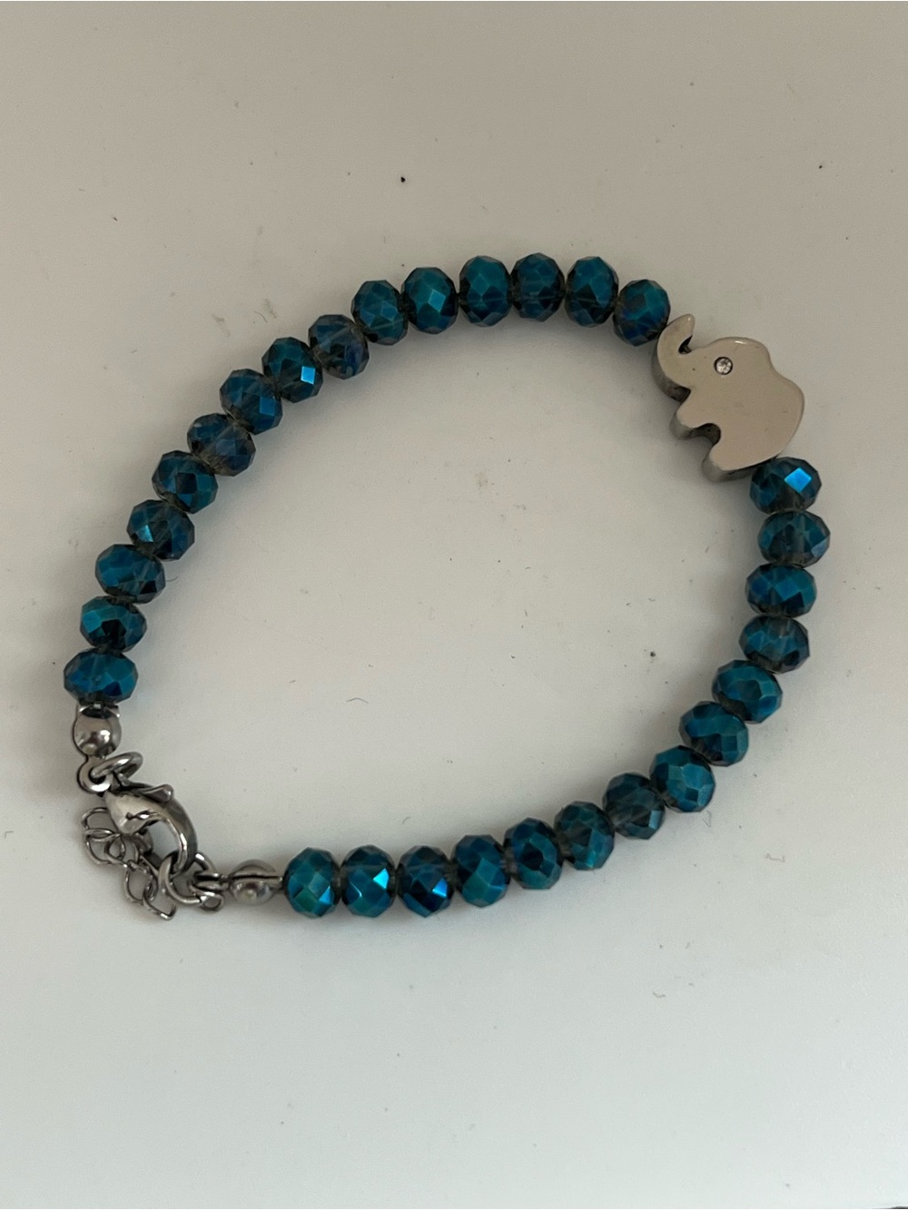 Blue Crystal Beaded Elephant Bracelet Silver Tone Rhinestone Charm Adjustable